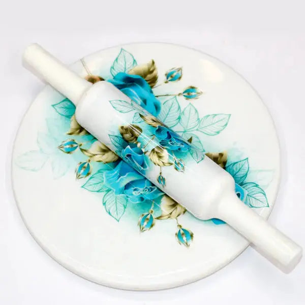 Printed White Marble Roti Maker with Wooden Belan Enamel Print/White Marble Chakla 10 Inch Diameter with Belan (Printed Enamel Chakla Belan) (Blue Rose)