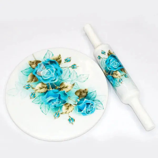 Printed White Marble Roti Maker with Wooden Belan Enamel Print/White Marble Chakla 10 Inch Diameter with Belan (Printed Enamel Chakla Belan) (Blue Rose)
