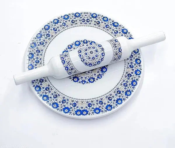 Printed White Marble Roti Maker with Wooden Belan Enamel Print/White Marble Chakla 10 Inch Diameter with Belan (Printed Enamel Chakla Belan) (W/b-2)