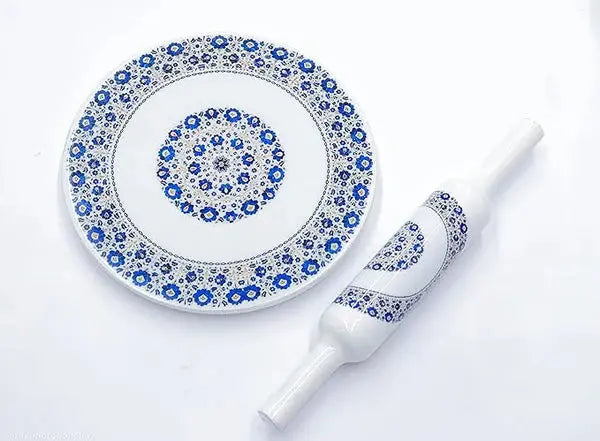 Printed White Marble Roti Maker with Wooden Belan Enamel Print/White Marble Chakla 10 Inch Diameter with Belan (Printed Enamel Chakla Belan) (W/b-2)