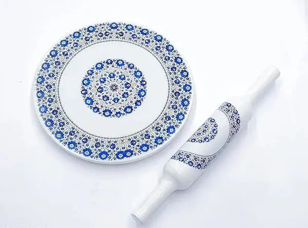 Printed White Marble Roti Maker with Wooden Belan Enamel Print/White Marble Chakla 10 Inch Diameter with Belan (Printed Enamel Chakla Belan) (W/b-2)