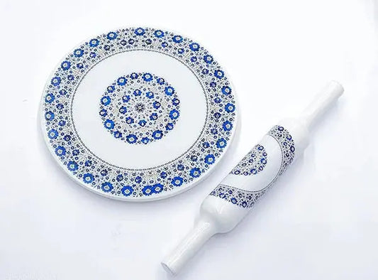 Printed White Marble Roti Maker with Wooden Belan Enamel Print/White Marble Chakla 10 Inch Diameter with Belan (Printed Enamel Chakla Belan) (W/b-2)