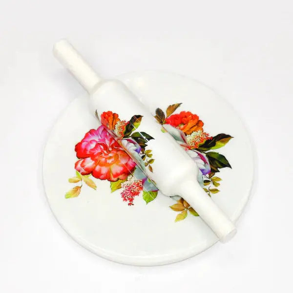 Printed White Marble Roti Maker with Wooden Belan Enamel Print/White Marble Chakla 10 Inch Diameter with Belan (Multflower)